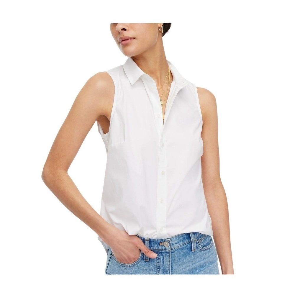 J. Crew Signature Fit‎ Sleeveless Cotton Poplin Button Down Shirt White S Petite